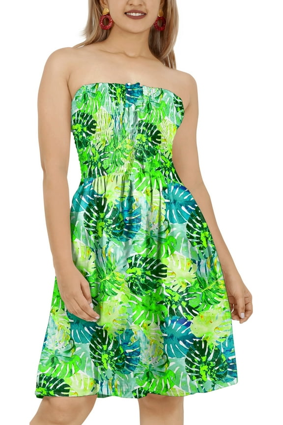 Women's Summer Boho Halter Smocked Mini Flowy Beach Dress Tube Top Strapless Dresses for Women One Size Tropical, Leaves
