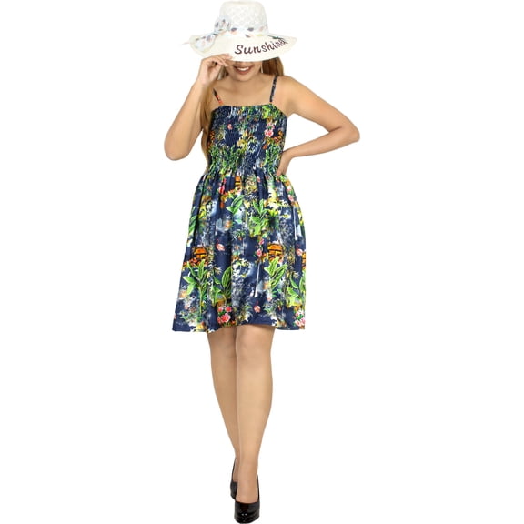 LA LEELA Women's Summer Boho Halter Smocked Mini Flowy Beach Dress Tube Top Strapless Dresses for Women One Size Tropical, Navy Blue