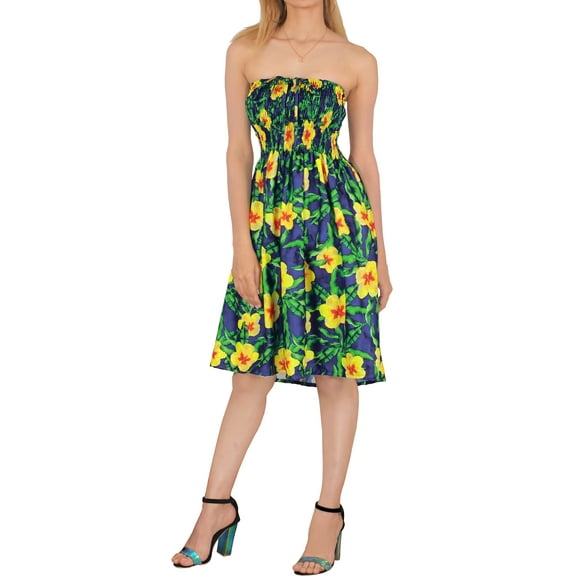 LA LEELA Women's Summer Boho Halter Smocked Mini Flowy Beach Dress Tube Top Strapless Dresses for Women One Size Yellow, Floral