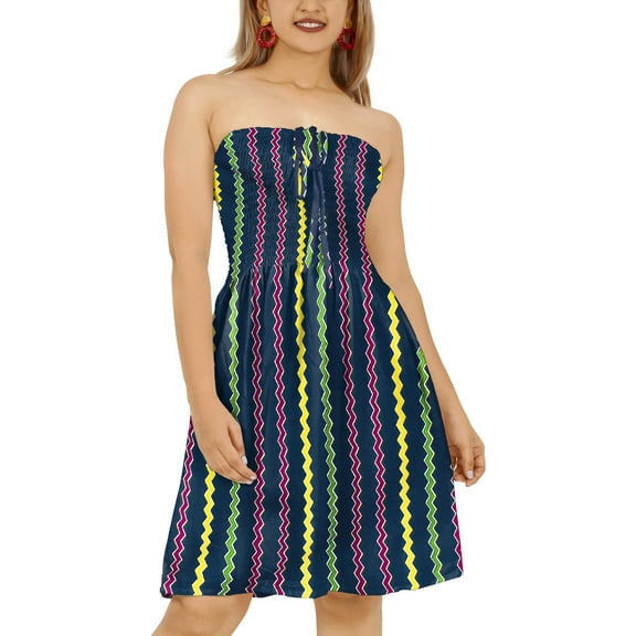 LA LEELA Women's Summer Boho Halter Smocked Mini Flowy Beach Dress Tube Top Strapless Dresses for Women One Size Zig Zag, Blue