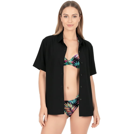 LA LEELA Women's Summer Casual Short Sleeve Blouse Shirt TShirts Button Down Dress Tops Tee Shirts Hawaiian Blouses for Women XXL Black, Solid