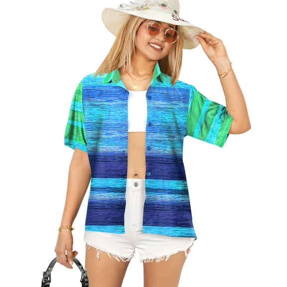 LA LEELA Women's Summer Holidays Button Down Bohemian Hawaiian Shirt Vacation Tops Short Sleeve Elegant Blouses For Women S Stripes, Blue