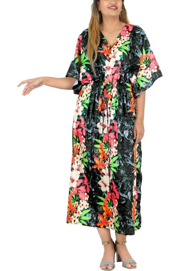 Women's Summer Loungewear African Beach Maxi Kaftan Casual Slit Dress Caftan Dresses for Women 2X-3X Jet Black, Floral Botanical