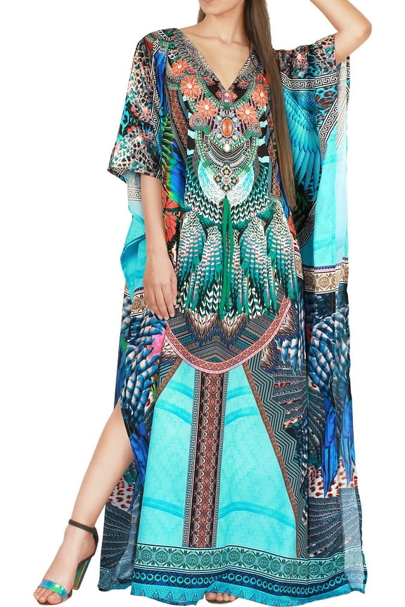 Women's Summer Loungewear African Beach Maxi Kaftan Casual Slit Dress Caftan Slit Dresses for Women 2X-3X Azure, Abstract