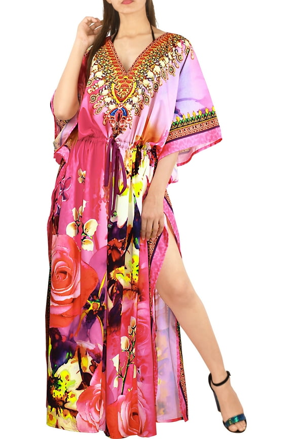 Women's Summer Loungewear African Beach Maxi Kaftan Casual Slit Dress Caftan Swimsuit Coverup for Women 2X-3X Pink, Floral