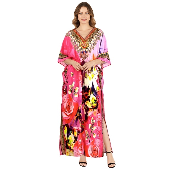 LA LEELA Women's Summer Loungewear African Beach Maxi Kaftan Casual Slit Dress Caftan Swimsuit Coverup for Women 2X-3X Pink, Floral