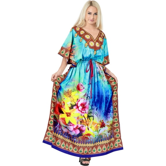 LA LEELA Women's Summer Loungewear African Beach Maxi Kaftan Casual Slit Dress Caftan Swimsuit Coverup for Women 2X-3X Tidal Wave, Blossom