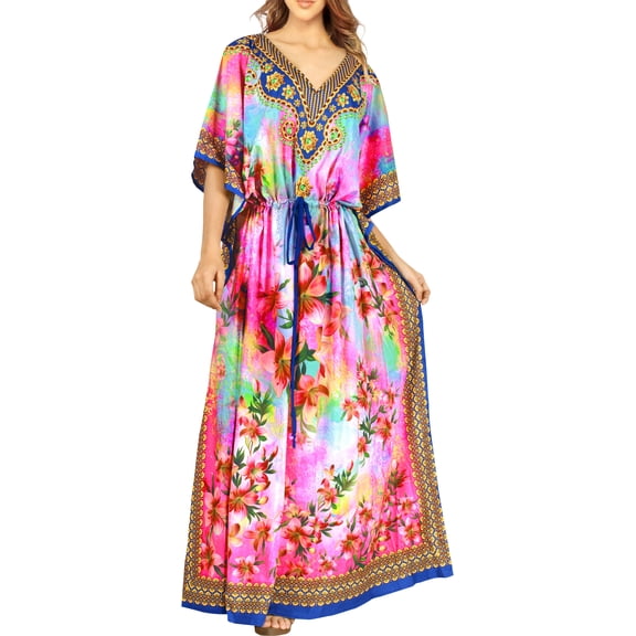 LA LEELA Women's Summer Loungewear African Beach Maxi Kaftan Ethnic Print Casual Slit Dress Caftan Dresses for Women 2X-3X Rose, Blossom