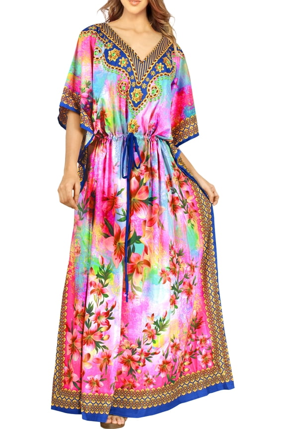 Women's Summer Loungewear African Beach Maxi Kaftan Ethnic Print Casual Slit Dress Caftan Dresses for Women 2X-3X Rose, Blossom
