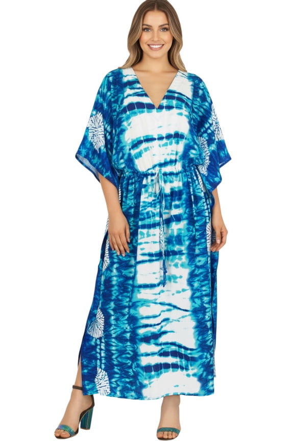 Women's Summer Loungewear African Beach Mumu Slit Dress Caftan Kaftan Maxi Dresses for Women 2X-3X Blue, Tie Dye