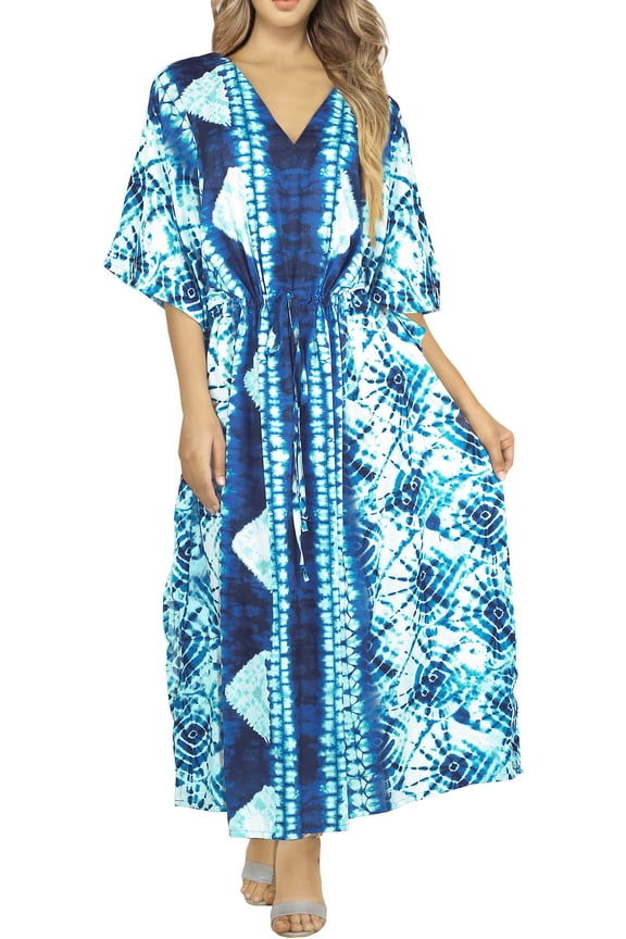 Women's Summer Loungewear African Beach Mumu Slit Dress Caftan Plus Size Kaftan Maxi Dresses for Women 2X-3X Sky, Tie Dye