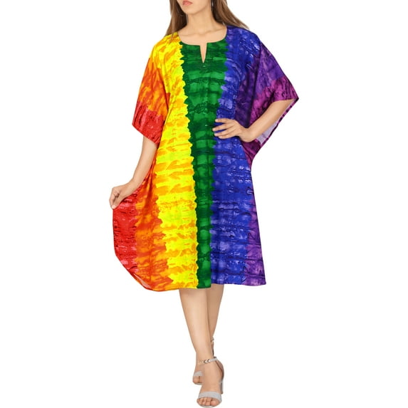 LA LEELA Women's Summer Loungewear African Relaxed Fit LGBTQ Pride Flag Rainbow Stripe Caftan Short Evening Gown 2X-3X Colorful, Stripes