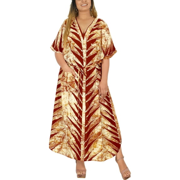 LA LEELA Women's Summer Pocket Nightgown Batik Caftan for Womens Sleepwear Long House Loungewear Dashiki Dress 1X-2X Brown, Spikes