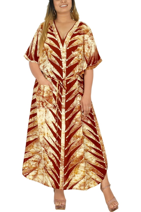 Women's Summer Pocket Nightgown Batik Caftan for Womens Sleepwear Long House Loungewear Dashiki Dress 1X-2X Brown, Spikes