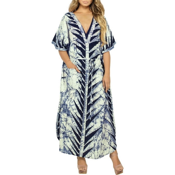 LA LEELA Women's Summer Pocket Nightgown Batik Caftan for Womens Sleepwear Long House Loungewear Dashiki Dress 1X-2X Navy, Spikes