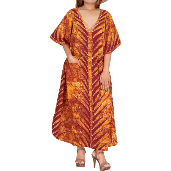 LA LEELA Women's Summer Pocket Nightgown Batik Caftan for Womens Sleepwear Long House Loungewear Dashiki Dress 1X-2X Orange, Spikes