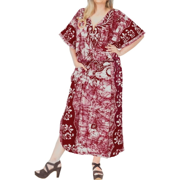 LA LEELA Women's Summer Pocket Nightgown Batik Caftan for Womens Sleepwear Long House Loungewear Dashiki Dress Plus Size 1X-2X Auburn, Lizard