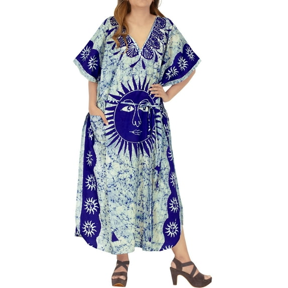 LA LEELA Women's Summer Pocket Nightgown Batik Caftan for Womens Sleepwear Long House Loungewear Dashiki Dress Plus Size 2X-3X Blue, Sun