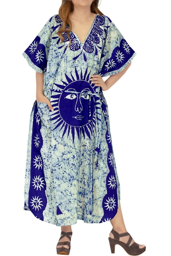 Women's Summer Pocket Nightgown Batik Caftan for Womens Sleepwear Long House Loungewear Dashiki Dress Plus Size 2X-3X Blue, Sun