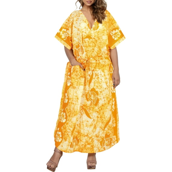 LA LEELA Women's Summer Pocket Nightgown Batik Caftan for Womens Sleepwear Long House Loungewear Dashiki Dress Plus Size 2X-3X Golden, Hibiscus