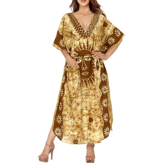 LA LEELA Women's Summer Pocket Nightgown Batik Caftan for Womens Sleepwear Long House Loungewear Dashiki Dress Plus Size 2X-3X Sun, Brown