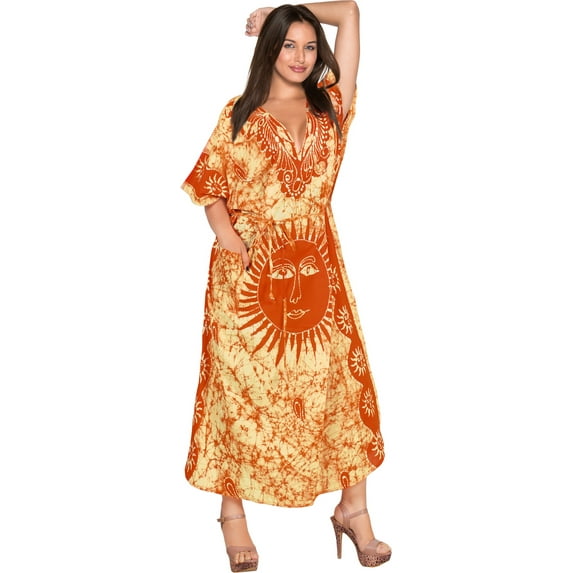 LA LEELA Women's Summer Pocket Nightgown Batik Caftan for Womens Sleepwear Long House Loungewear Dashiki Dress Plus Size 2X-3X Sun, Orange