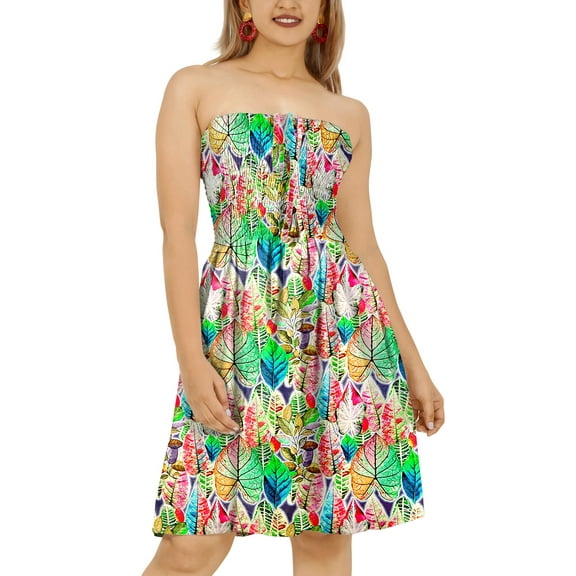 LA LEELA Women's Summer Smocked Mini Flowy Beach Tube Casual Dress One Size Colorful, Leaves