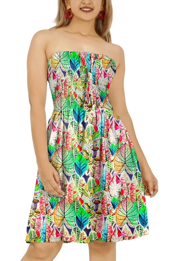 Women's Summer Smocked Mini Flowy Beach Tube Casual Dress One Size Colorful, Leaves