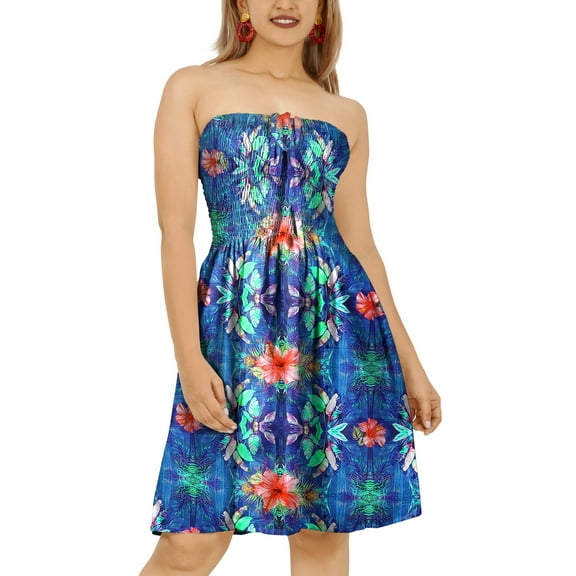 LA LEELA Women's Summer Smocked Mini Flowy Beach Tube Casual Dress One Size Multi, Floral