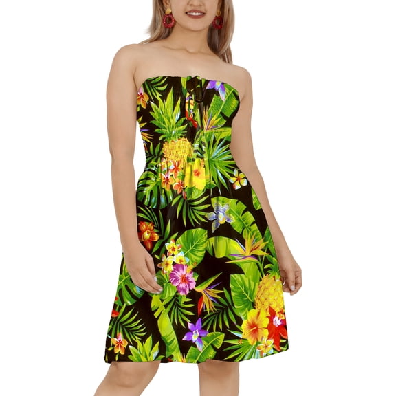LA LEELA Women's Summer Smocked Mini Flowy Beach Tube Dress One Size Black, Leaves