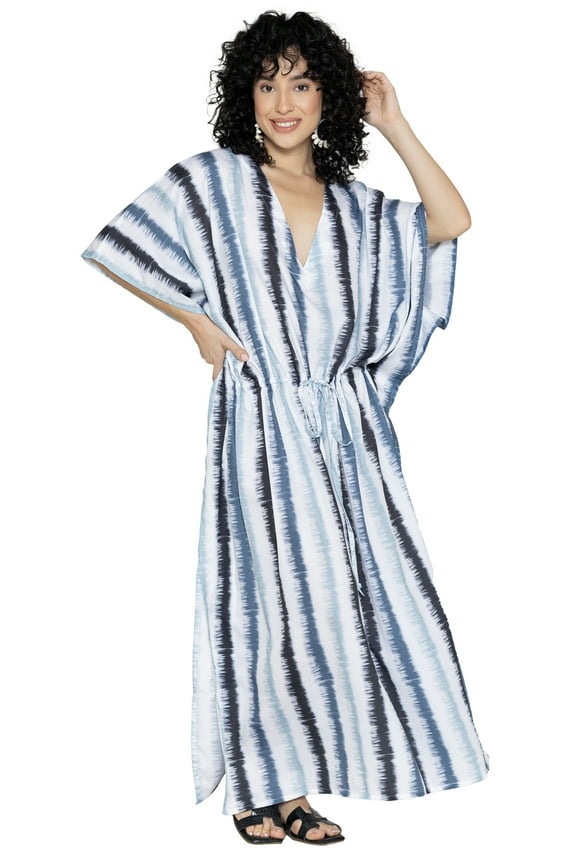 Women's Summer Vacation Swimwear Cover Up Beach Bikini Kaftan Regular Fit Beachwear Dress Bathing Suit Caftan 2X-3X Grey Stripes