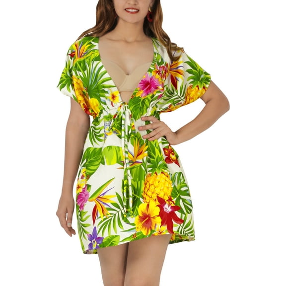 LA LEELA Women's Swimsuit Coverups Summer Cover ups for Swimwear Women Beach for Bathing Suit Bikini Dress Beachwear Cover up for Women M-L White, Floral