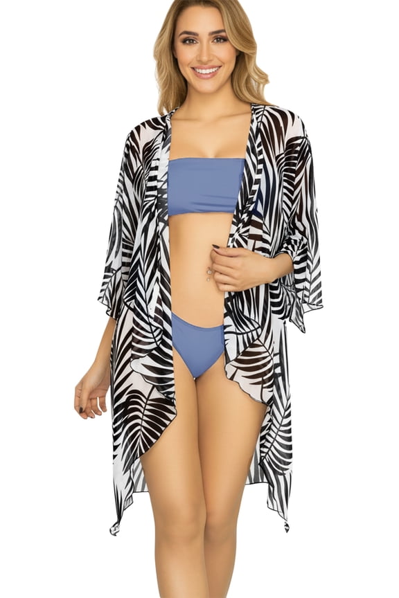 Women's Tropical Beach Loose Casual Kimono Tops Duster Cardigan Cover Up Kimonos for Women One Size Black, Palm Leaves