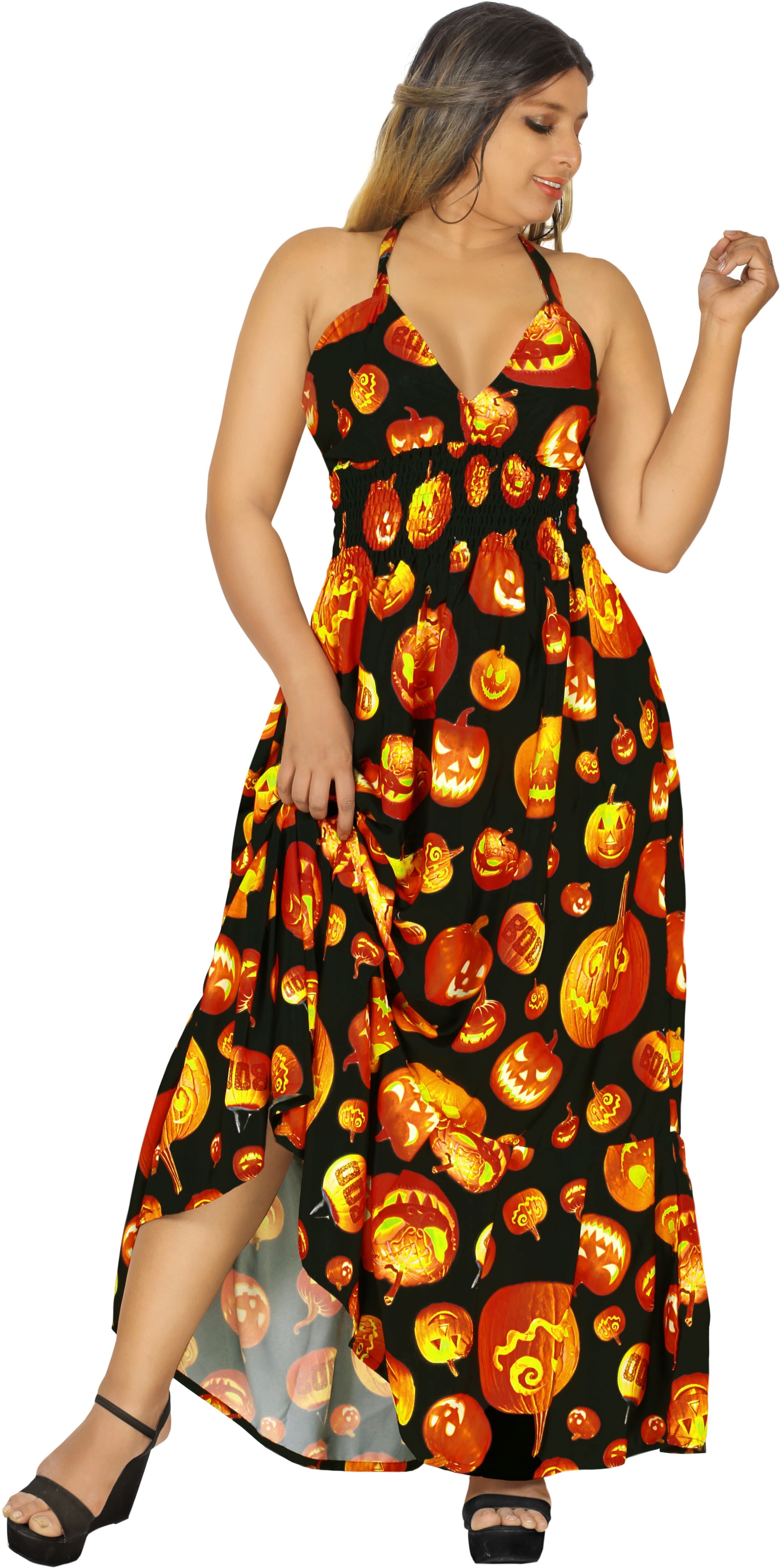 LA LEELA Women's Vintage Halloween Pumpkin Evening Party Halter V Neck ...