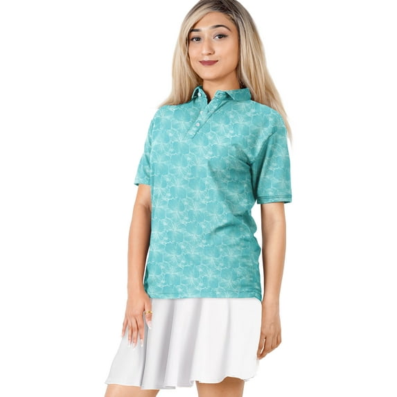 LA LEELA Womens 3 Button Polo Shirts Short Sleeve Collared Golf Shirt Casual Printed Performance T-shirts Tunic Tops M Hibiscus, Light Blue