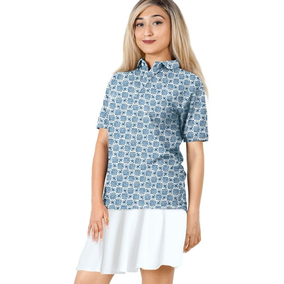 LA LEELA Womens Casual Beach Polo Collared Shirts 3 Button V Neck Blouses Short Sleeve Performance Shirt Dry Fit T-shirts Tops for Women XXL Tropical, Blue