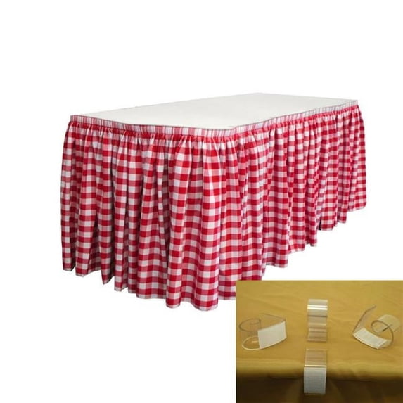 LA Linen SKTcheck21x29-15Lclips-RedK98 Polyester Gingham Checkered Table Skirt with 15 L-Clips, White & Red - 21 ft. x 29 in.