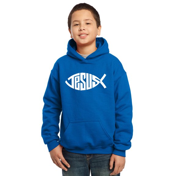 LA Pop Art Boy's Word Art Hooded Sweatshirt - Christian Jesus Name Fish Symbol