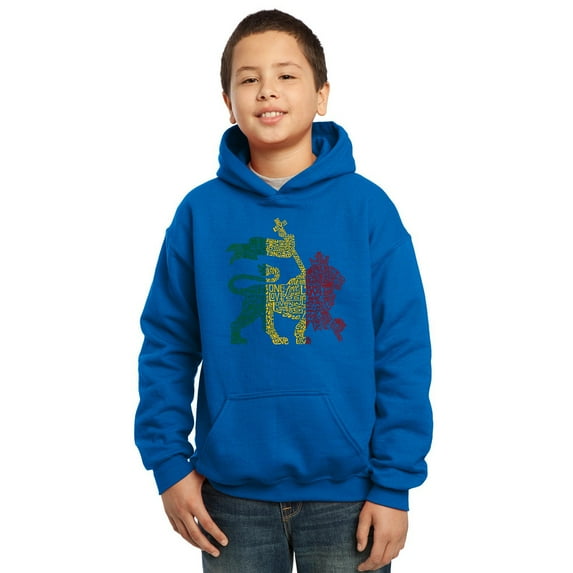 LA Pop Art Boy's Word Art Hooded Sweatshirt - Rasta Lion - One Love