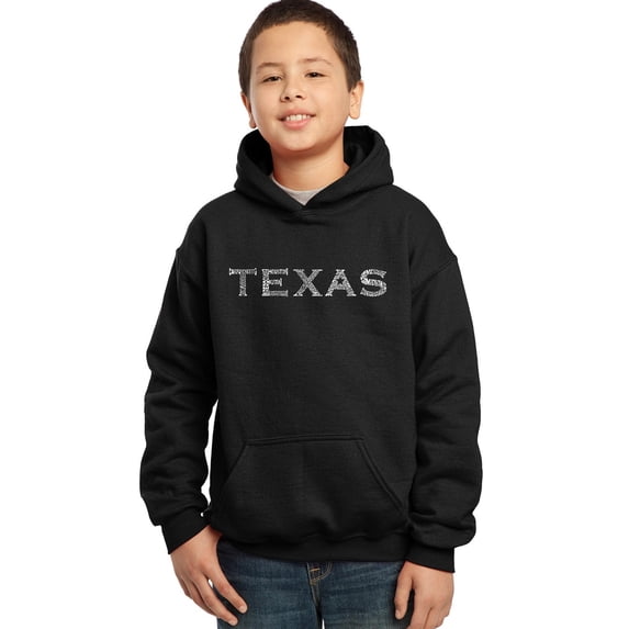 LA Pop Art Boy's Word Art Hooded Sweatshirt - THE GREAT CITIES OF TEXAS