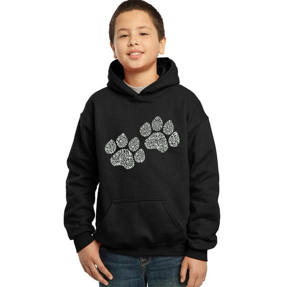 LA Pop Art Boy's Word Art Hooded Sweatshirt - Woof Paw Prints