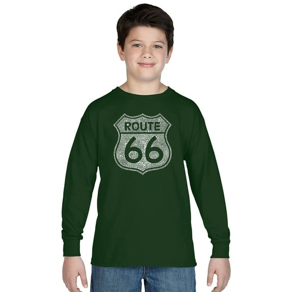 LA Pop Art Boy's Word Art Long Sleeve - CITIES ALONG THE LEGENDARY ROUTE 66