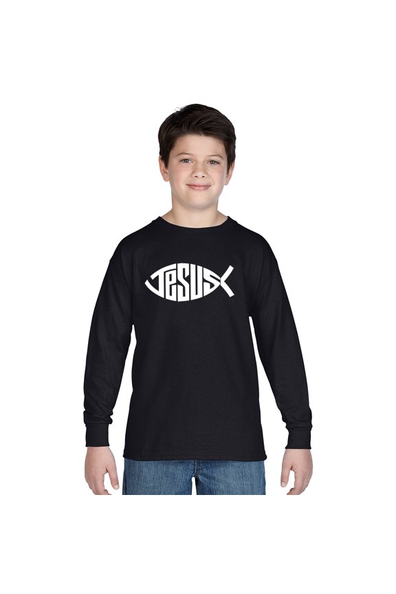 Boy's Word Art Long Sleeve - Christian Jesus Name Fish Symbol