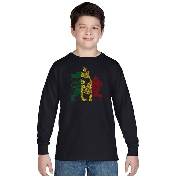 LA Pop Art Boy's Word Art Long Sleeve - Rasta Lion - One Love