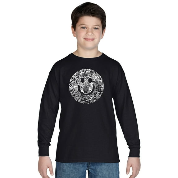 LA Pop Art Boy's Word Art Long Sleeve - SMILE IN DIFFERENT LANGUAGES