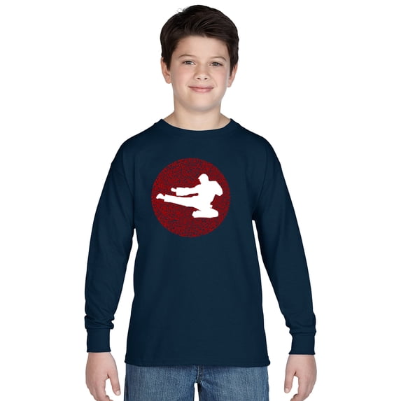 LA Pop Art Boy's Word Art Long Sleeve - Types of Martial Arts