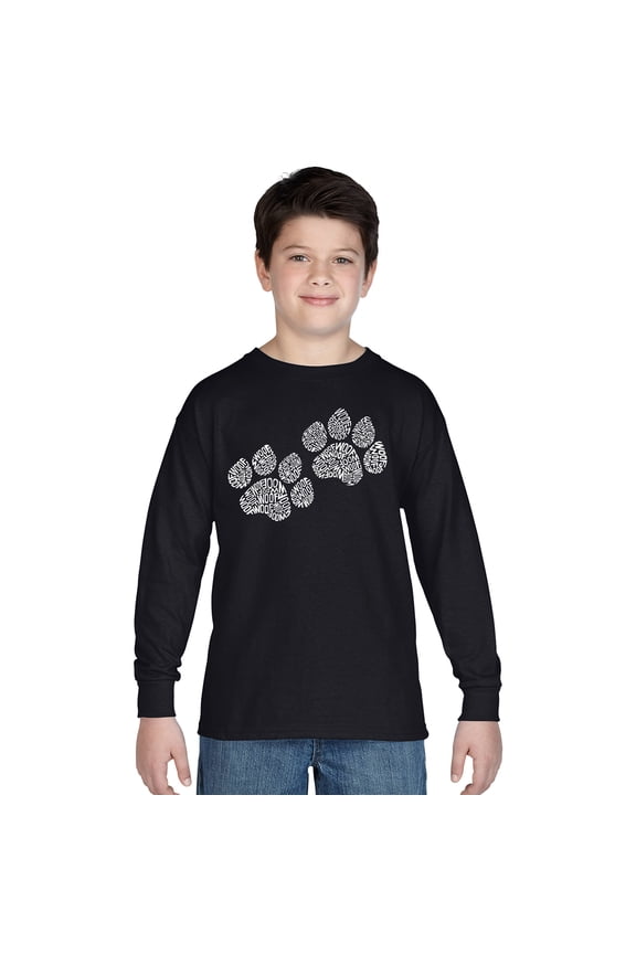 Boy's Word Art Long Sleeve - Woof Paw Prints