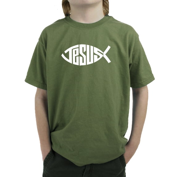 LA Pop Art Boy's Word Art T-shirt - Christian Jesus Name Fish Symbol