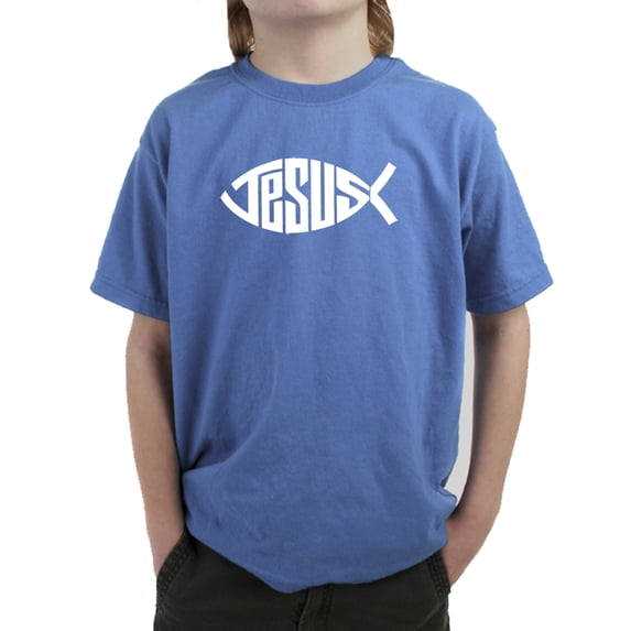 LA Pop Art Boy's Word Art T-shirt - Christian Jesus Name Fish Symbol