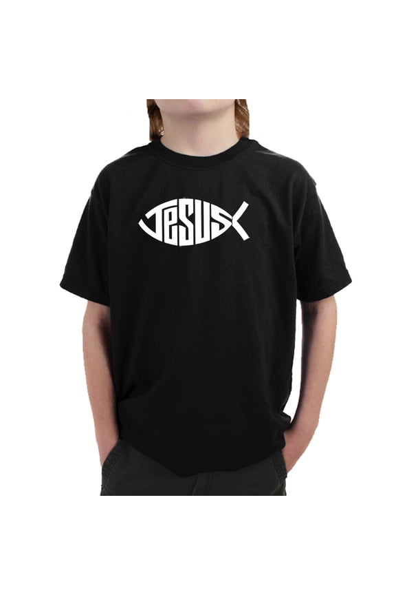 Boy's Word Art T-shirt - Christian Jesus Name Fish Symbol